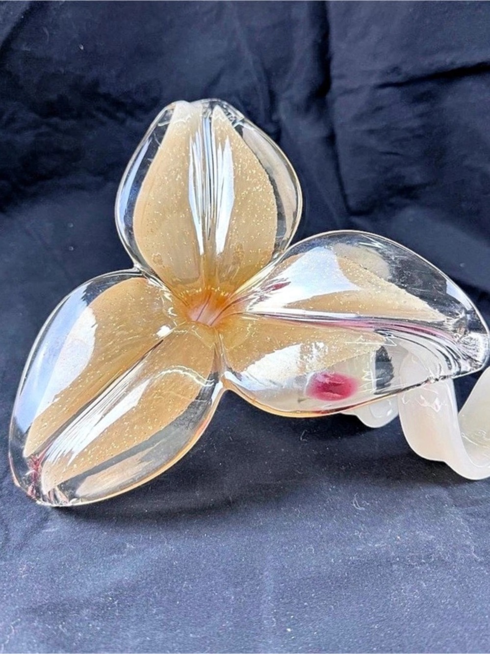 Handblown Clear Gold Art Glass Flower Sculpture Murano Style Decor